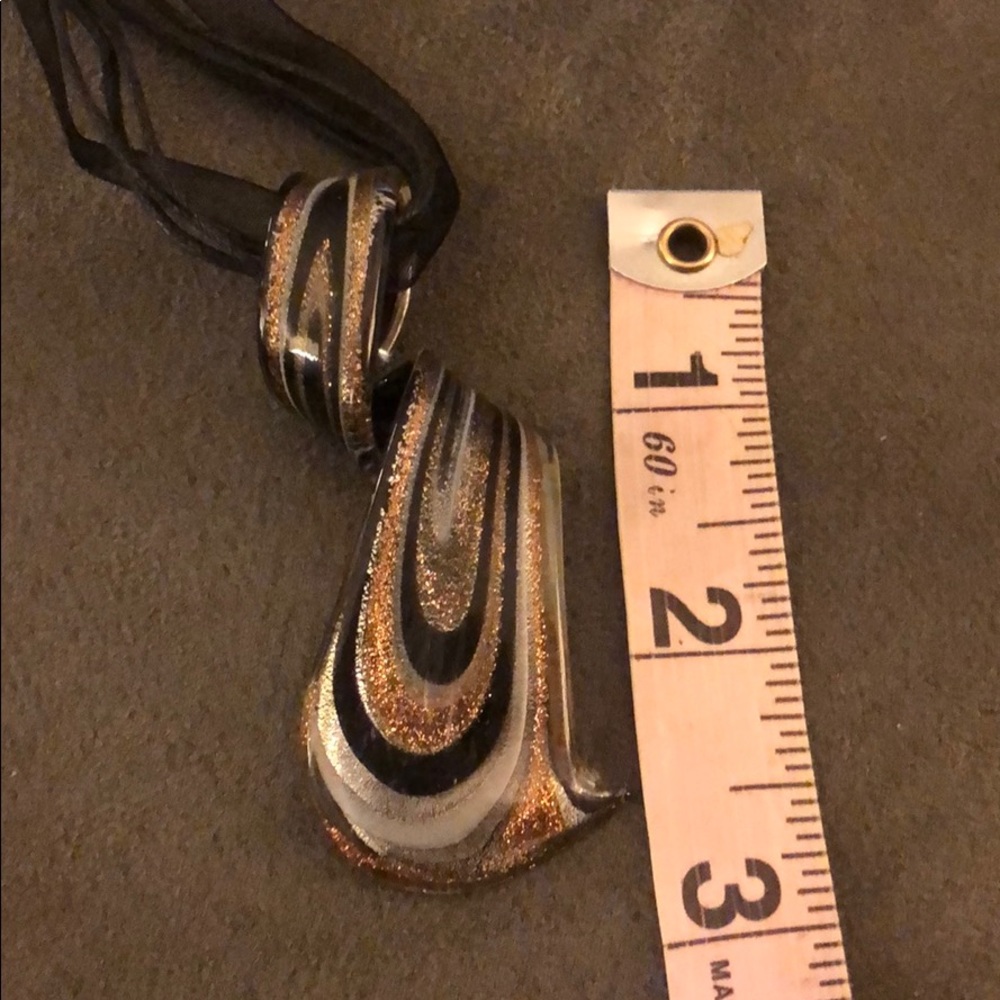 Glass Statement Pendant Necklace Black Sheer Ribbon Cord Blown Glass Adjustable - Picture 6 of 6